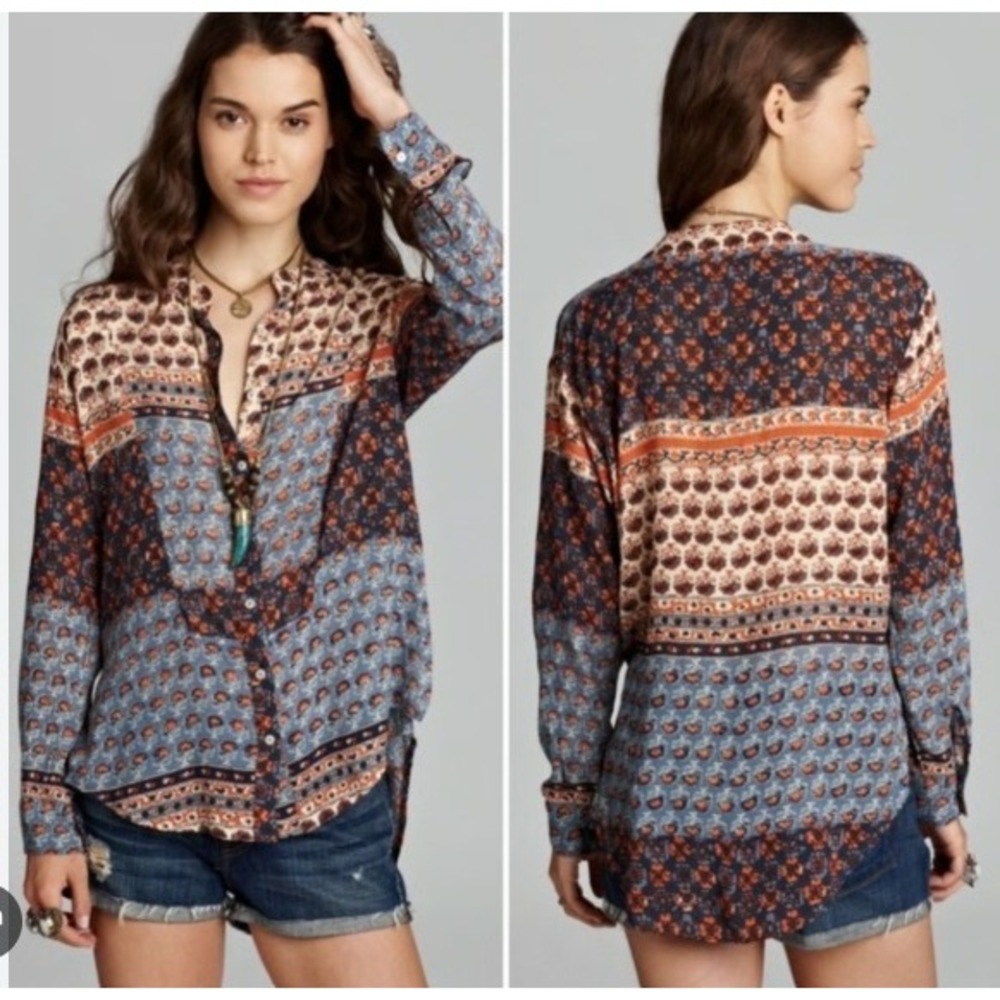 Free People Caravan Patchwork Mixed Print Blouse Sz S Blue Orange Boho Button Up
